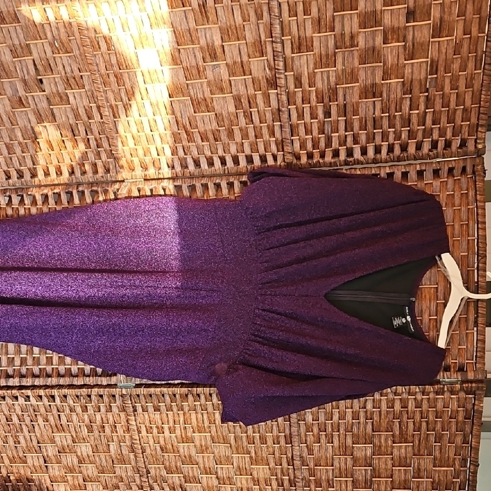 Ashley Stewart Glittery Deep Purple Long Sleeve V-Neck Dress